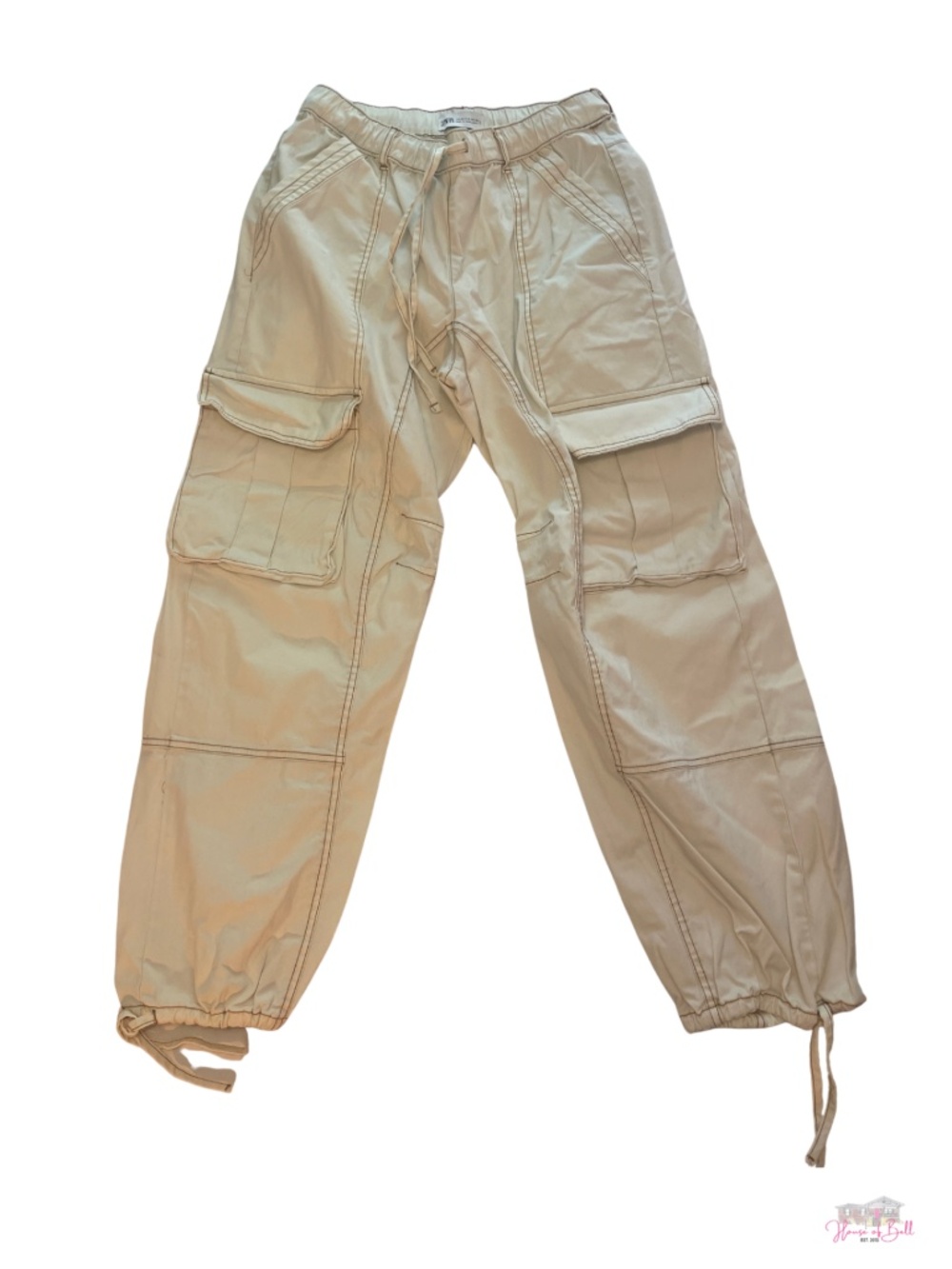 ZARA Cream Contrast Stitch Cargo Parachute Pants | Size S / US 6
